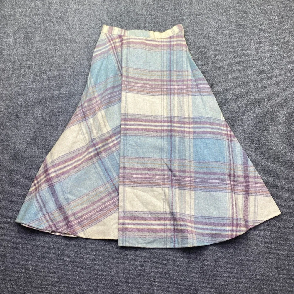 Vintage Wool Blend Plaid Midi Skirt Blue Purple Pastel A-Line High Waist Damaged